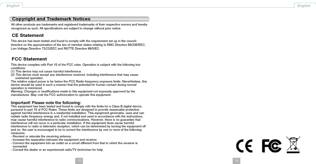 LevelOne BLH-1100 manual Copyright and Trademark Notices, CE Statement, FCC Statement 