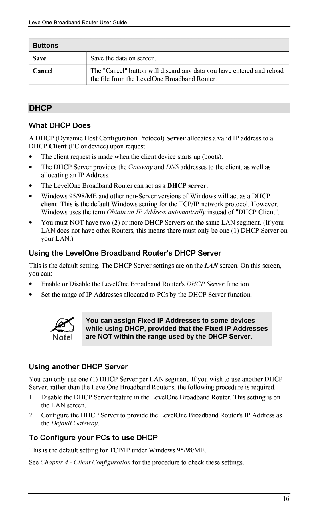 LevelOne FBR-1403TX What Dhcp Does, Using the LevelOne Broadband Routers Dhcp Server, Using another Dhcp Server, Buttons 