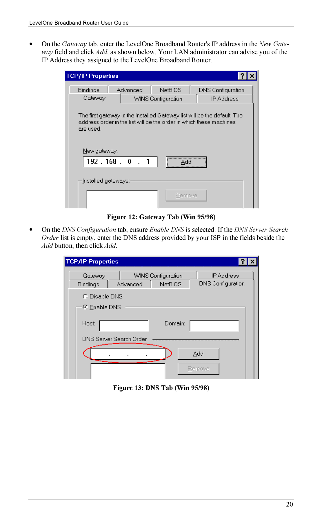 LevelOne FBR-1403TX, FBR-1402TX manual Gateway Tab Win 95/98 