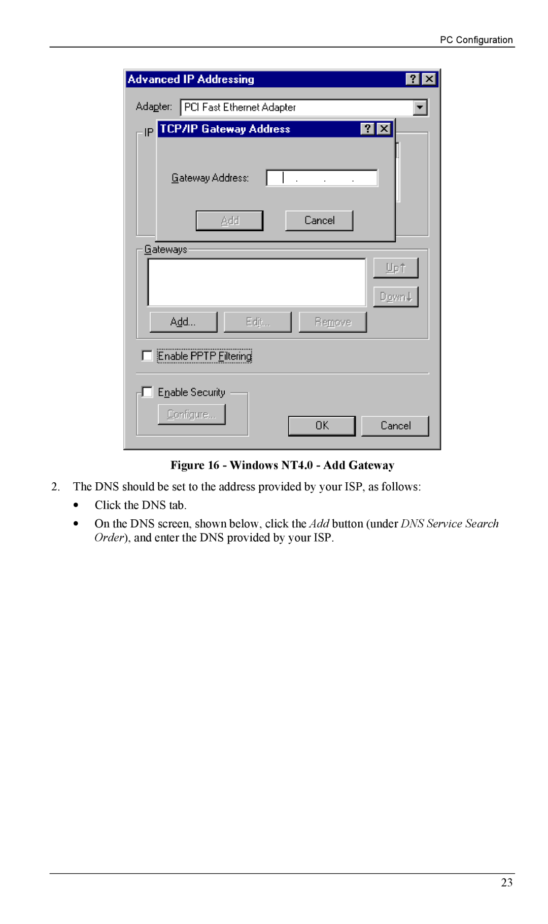 LevelOne FBR-1402TX, FBR-1403TX manual Windows NT4.0 Add Gateway 