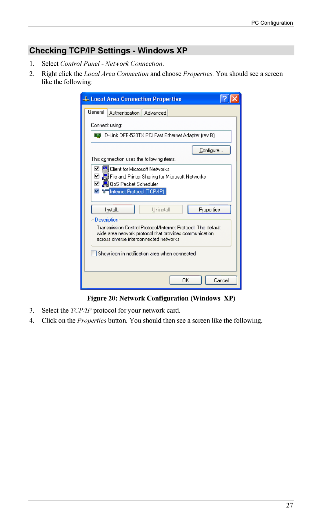 LevelOne FBR-1402TX, FBR-1403TX manual Checking TCP/IP Settings Windows XP, Network Configuration Windows XP 