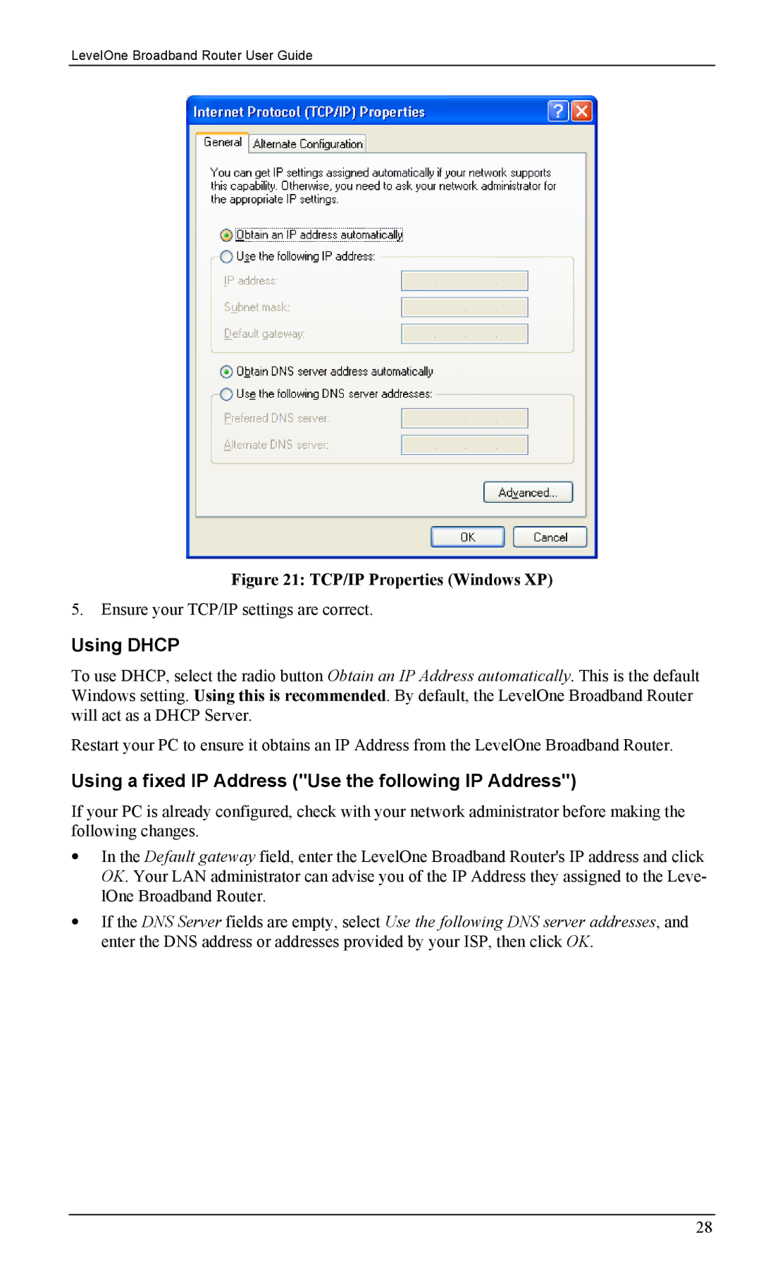 LevelOne FBR-1403TX, FBR-1402TX manual TCP/IP Properties Windows XP 