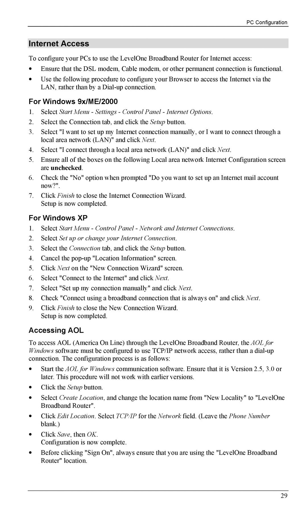 LevelOne FBR-1402TX, FBR-1403TX manual Internet Access, For Windows 9x/ME/2000, For Windows XP, Accessing AOL 