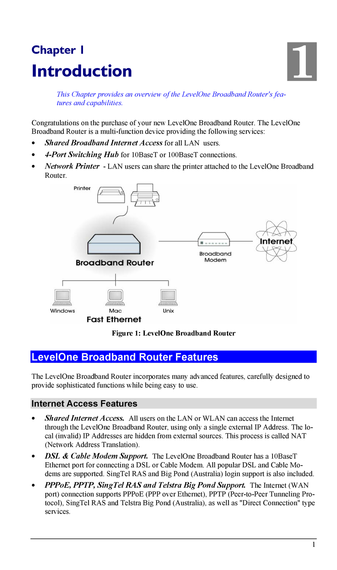 LevelOne FBR-1402TX, FBR-1403TX manual LevelOne Broadband Router Features, Internet Access Features 