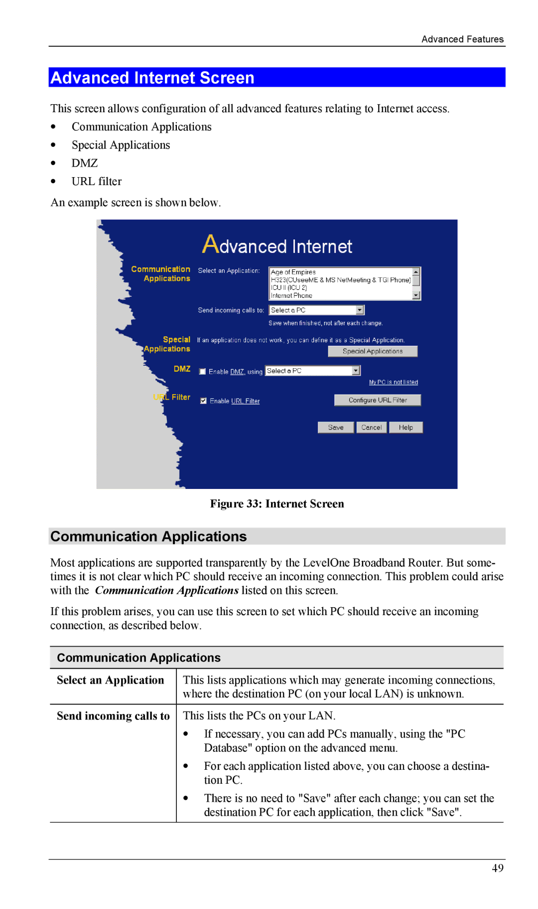 LevelOne FBR-1402TX Advanced Internet Screen, Communication Applications, Select an Application, Send incoming calls to 