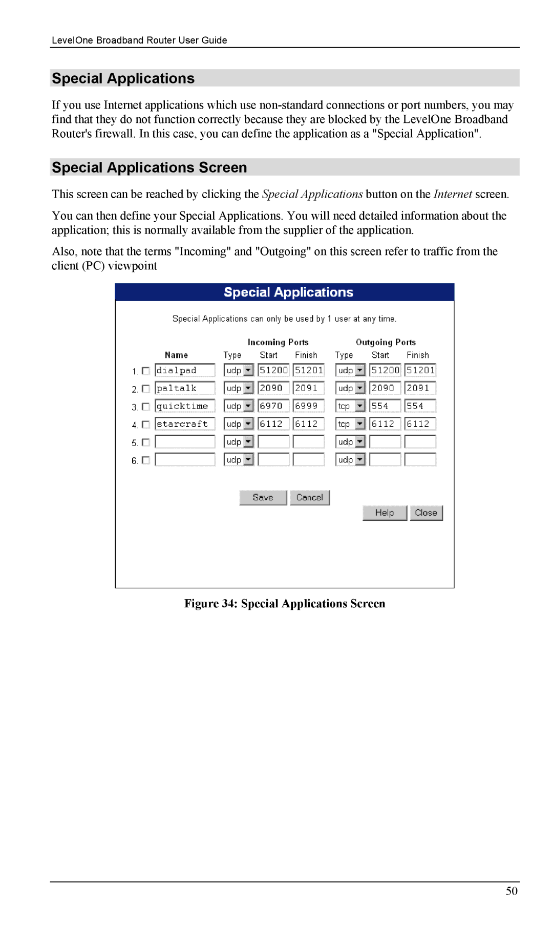 LevelOne FBR-1403TX, FBR-1402TX manual Special Applications Screen 