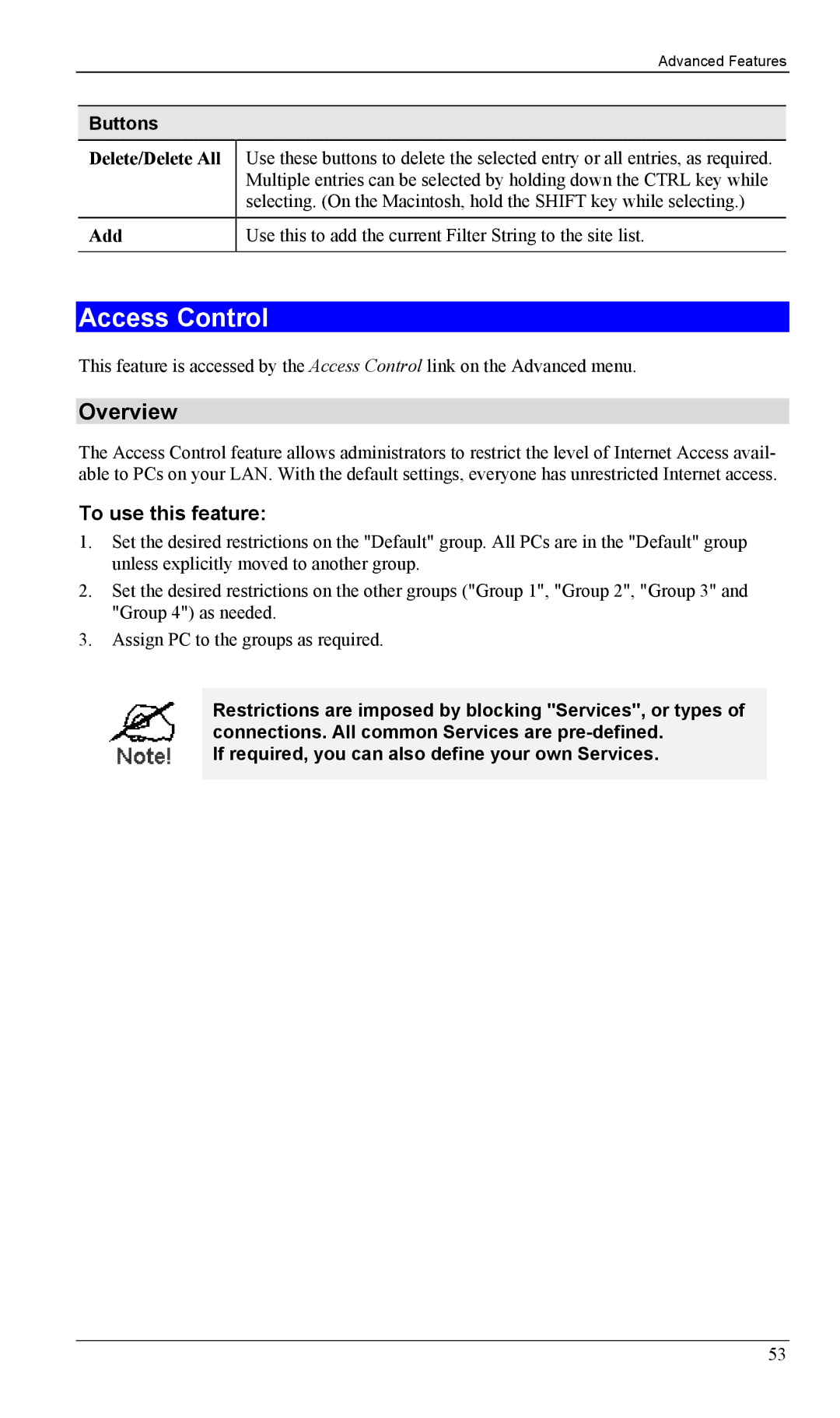 LevelOne FBR-1402TX, FBR-1403TX manual Access Control, Overview, To use this feature, Delete/Delete All, Add 