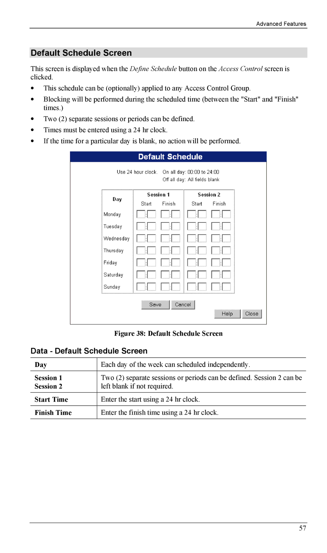 LevelOne FBR-1402TX, FBR-1403TX manual Data Default Schedule Screen 