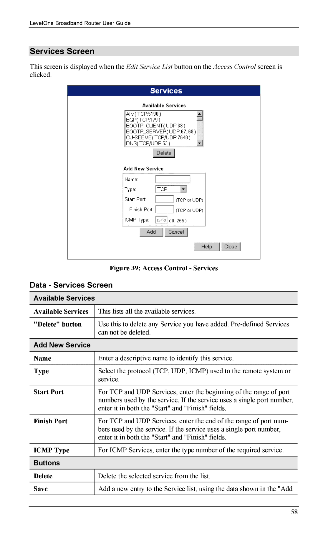 LevelOne FBR-1403TX, FBR-1402TX manual Data Services Screen, Available Services, Add New Service 