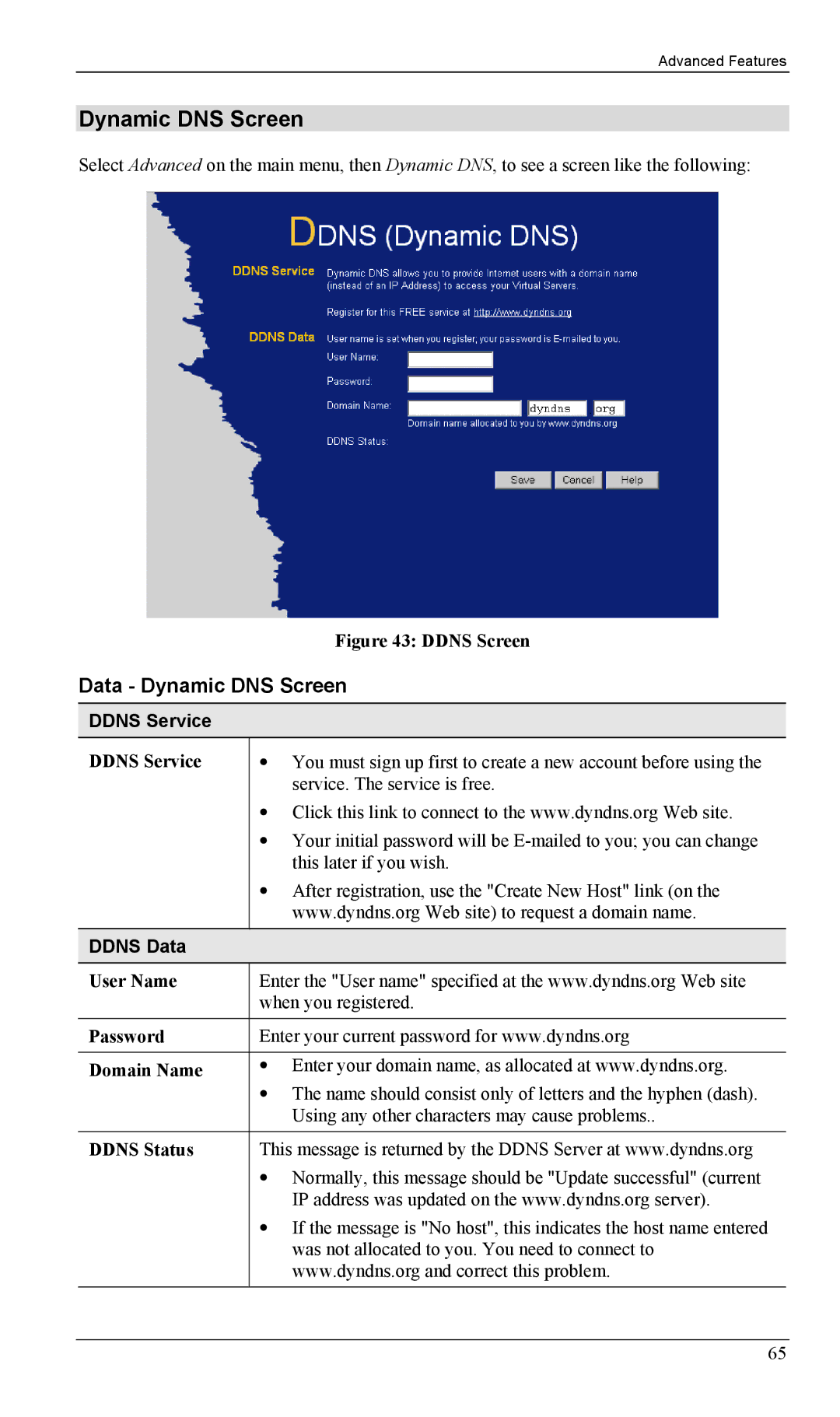 LevelOne FBR-1402TX, FBR-1403TX manual Data Dynamic DNS Screen, Ddns Service, Ddns Data 