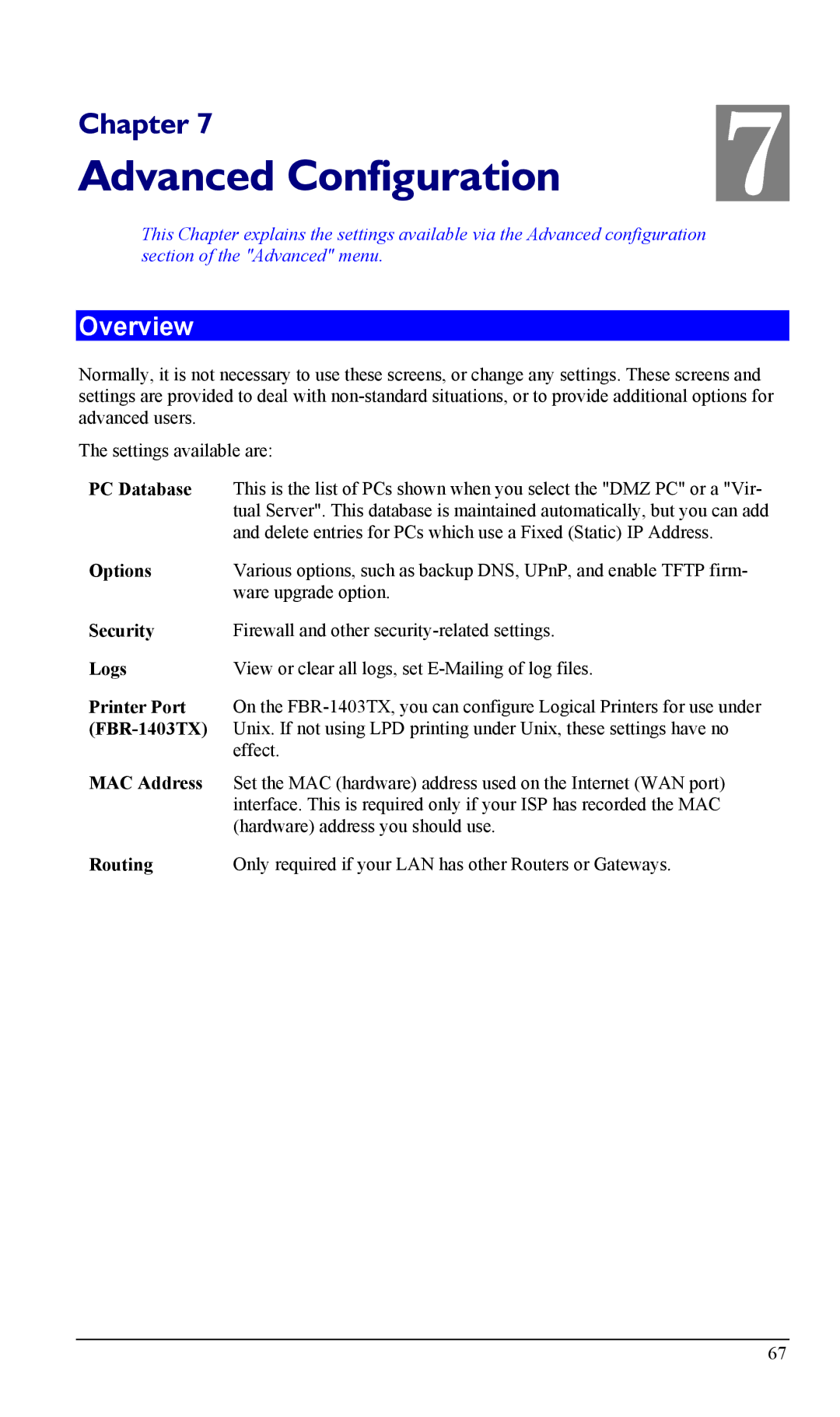 LevelOne FBR-1402TX, FBR-1403TX manual Advanced Configuration 