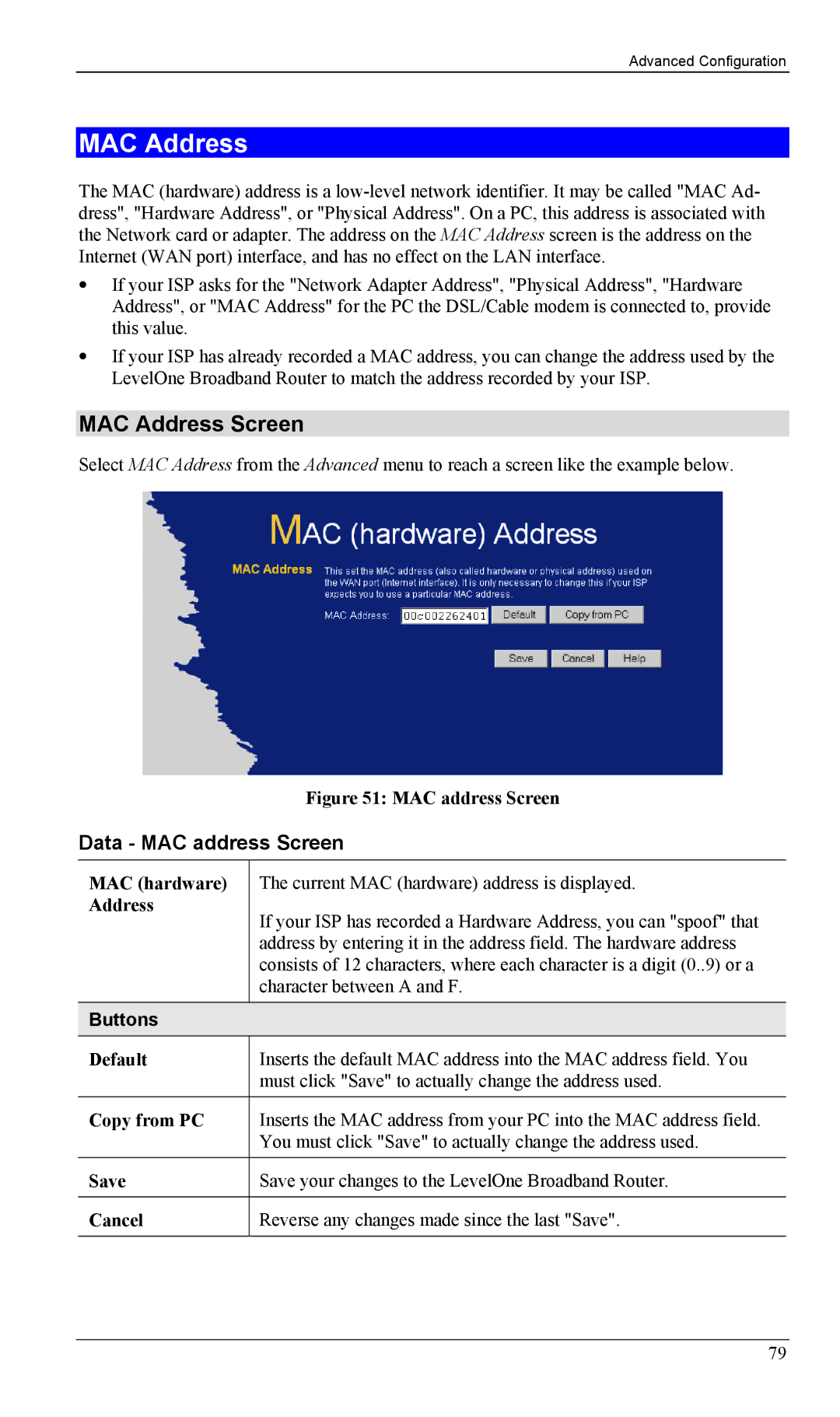 LevelOne FBR-1402TX, FBR-1403TX manual MAC Address Screen, Data MAC address Screen 