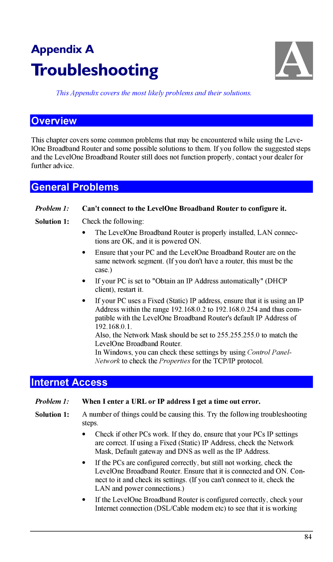 LevelOne FBR-1403TX, FBR-1402TX manual General Problems, Internet Access 