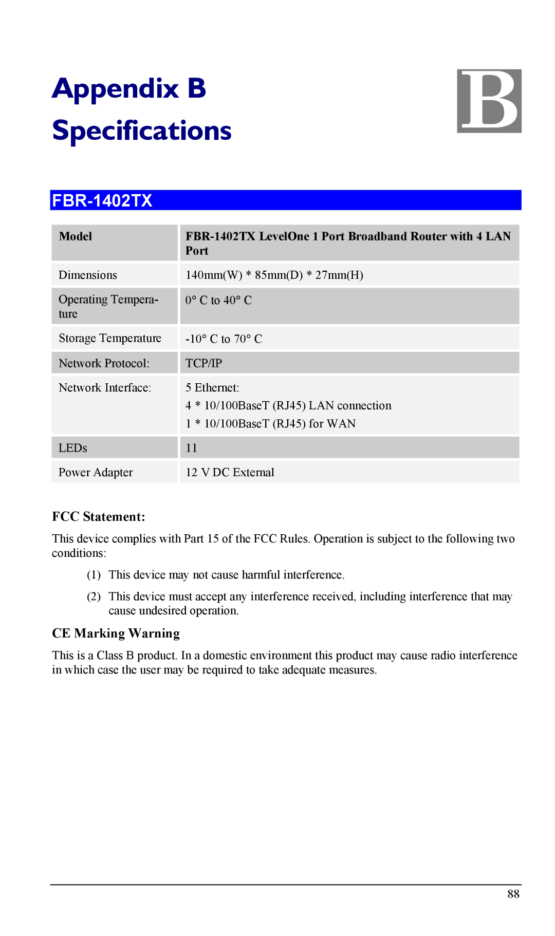 LevelOne FBR-1403TX manual Model FBR-1402TX LevelOne 1 Port Broadband Router with 4 LAN 