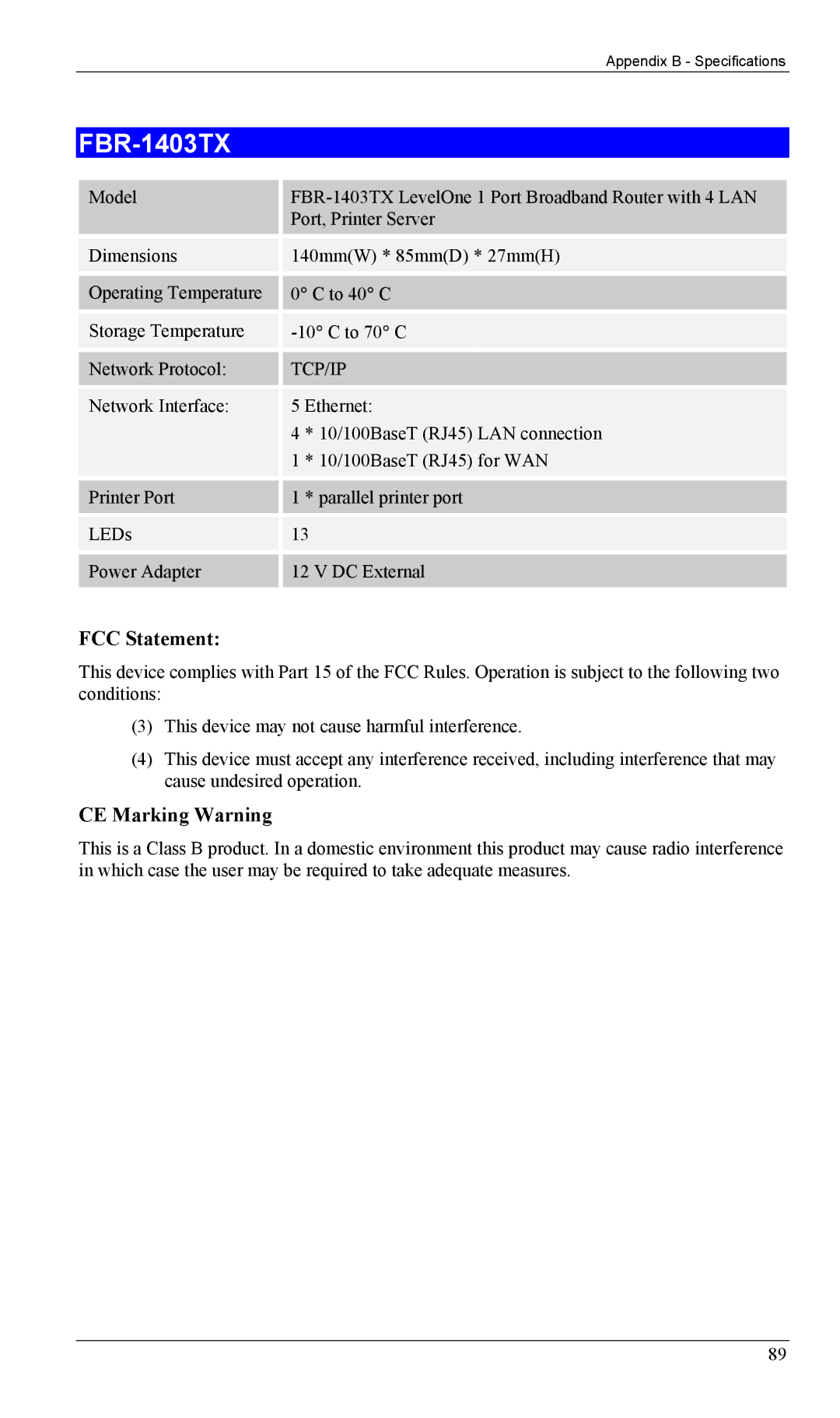 LevelOne FBR-1402TX manual FBR-1403TX 