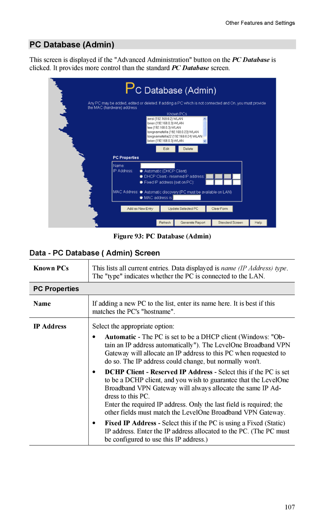 LevelOne FBR-1404TX user manual Data PC Database Admin Screen, PC Properties 