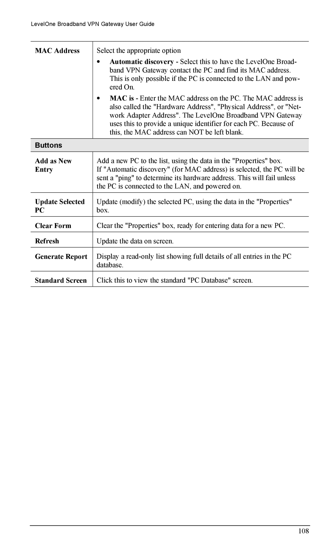 LevelOne FBR-1404TX user manual Add as New, Entry, Update Selected, Clear Form, Standard Screen 