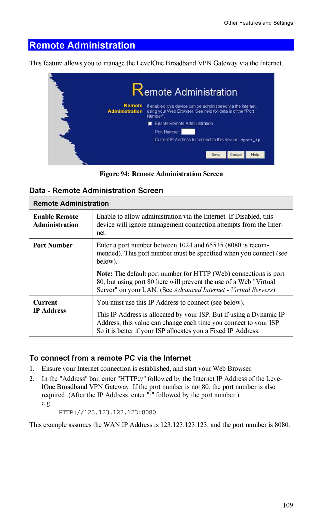 LevelOne FBR-1404TX user manual Data Remote Administration Screen, To connect from a remote PC via the Internet 