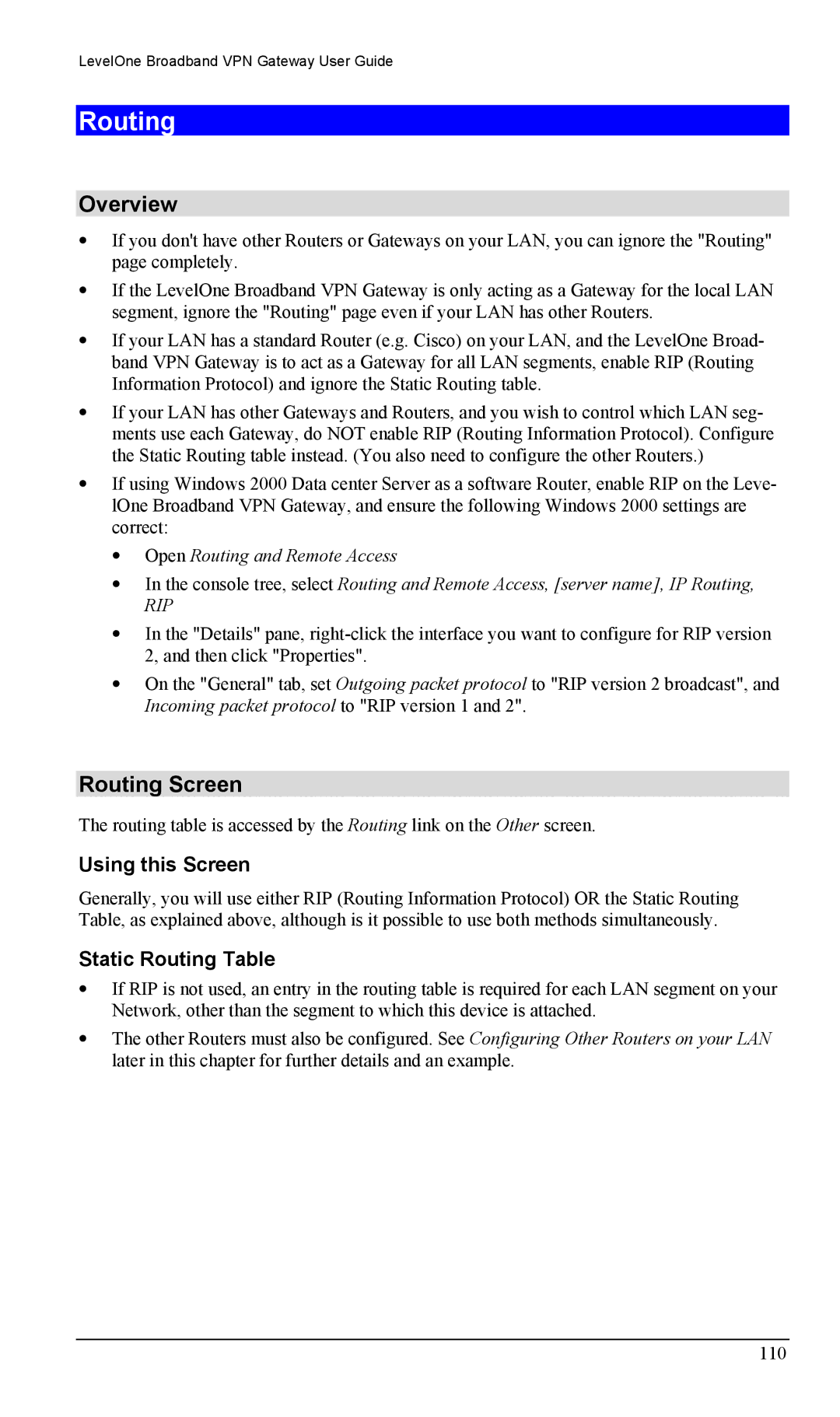 LevelOne FBR-1404TX user manual Overview, Routing Screen, Using this Screen, Static Routing Table 