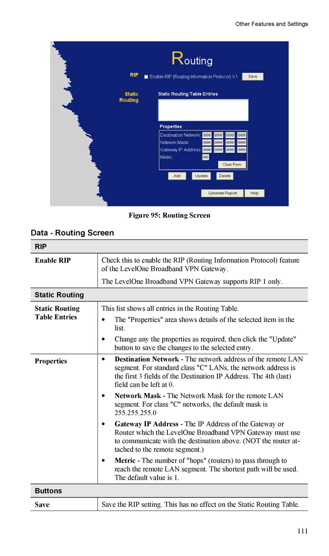 LevelOne FBR-1404TX user manual Data Routing Screen, Static Routing 