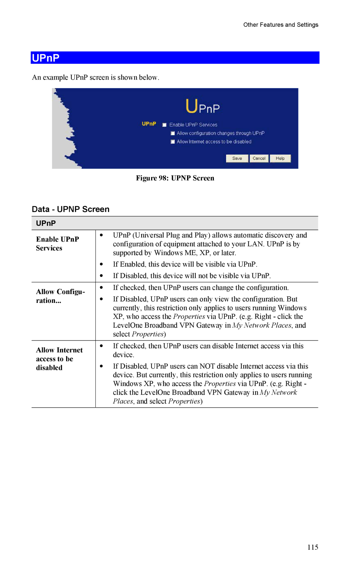 LevelOne FBR-1404TX user manual UPnP, Data Upnp Screen 