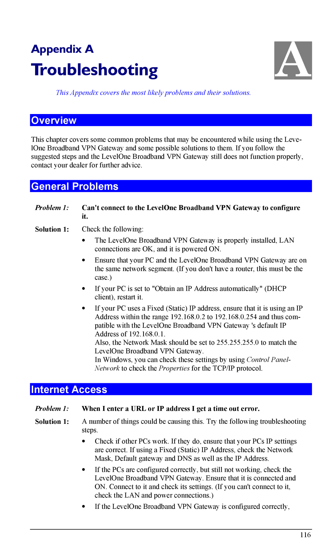 LevelOne FBR-1404TX user manual General Problems, Internet Access 