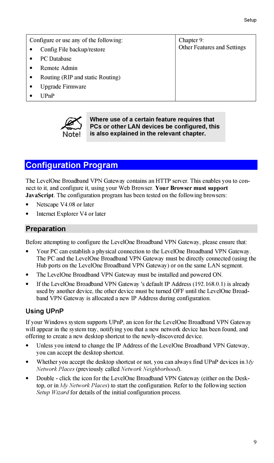 LevelOne FBR-1404TX user manual Configuration Program, Preparation, Using UPnP 