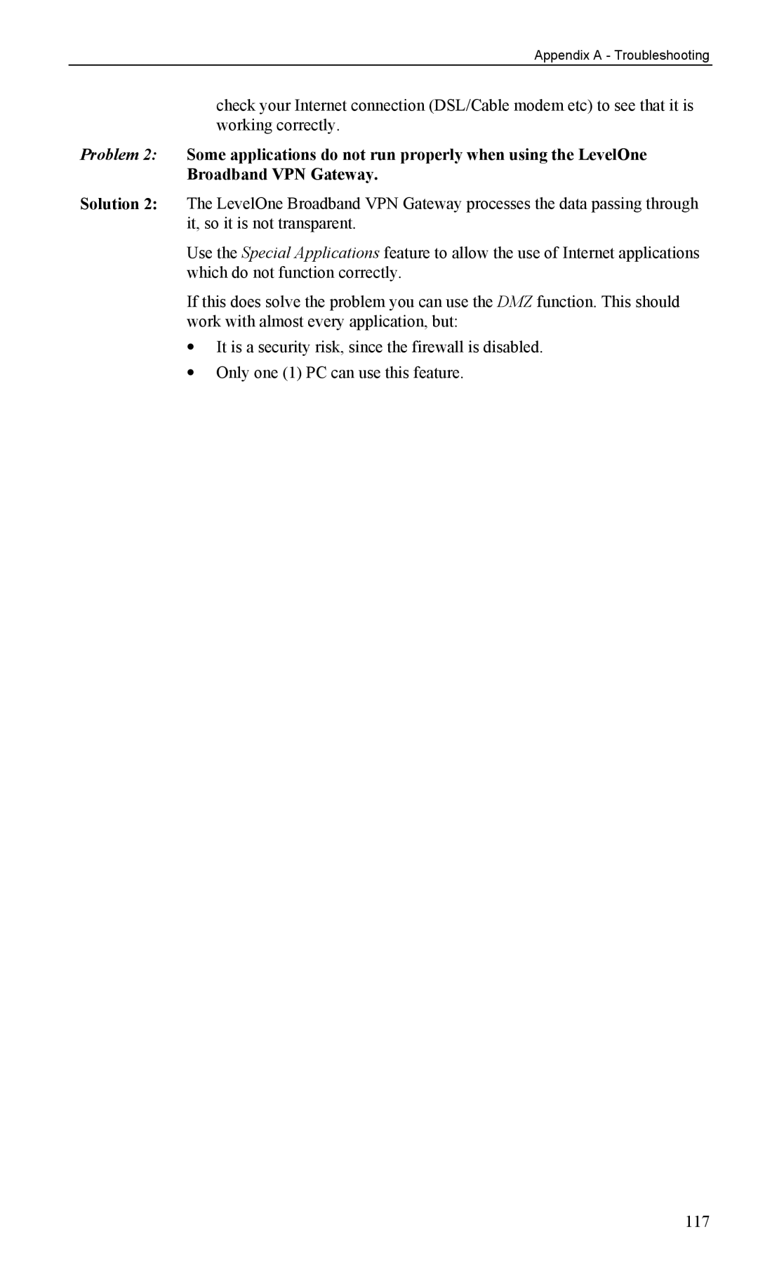 LevelOne FBR-1404TX user manual Appendix a Troubleshooting 