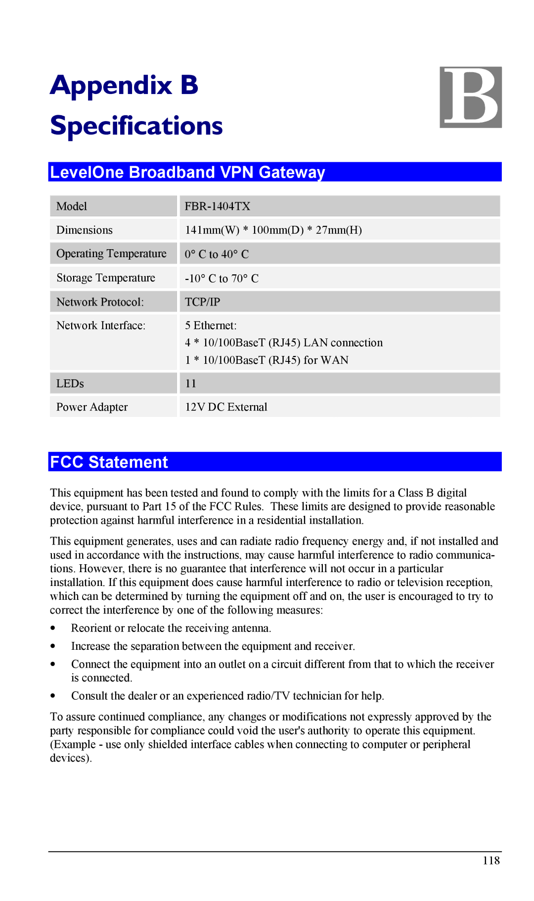 LevelOne FBR-1404TX user manual LevelOne Broadband VPN Gateway, FCC Statement 