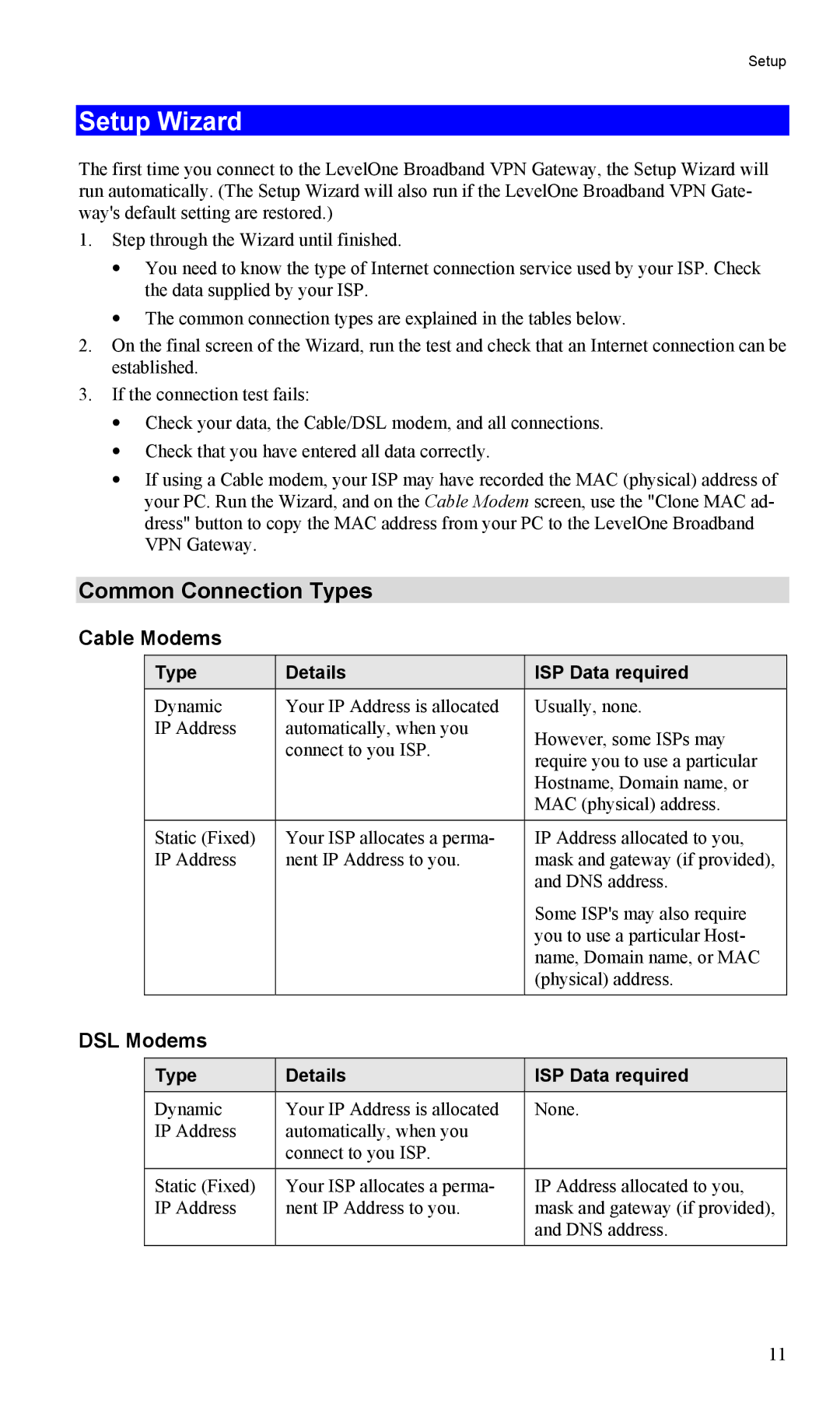 LevelOne FBR-1404TX Setup Wizard, Common Connection Types, Cable Modems, DSL Modems, Type Details ISP Data required 