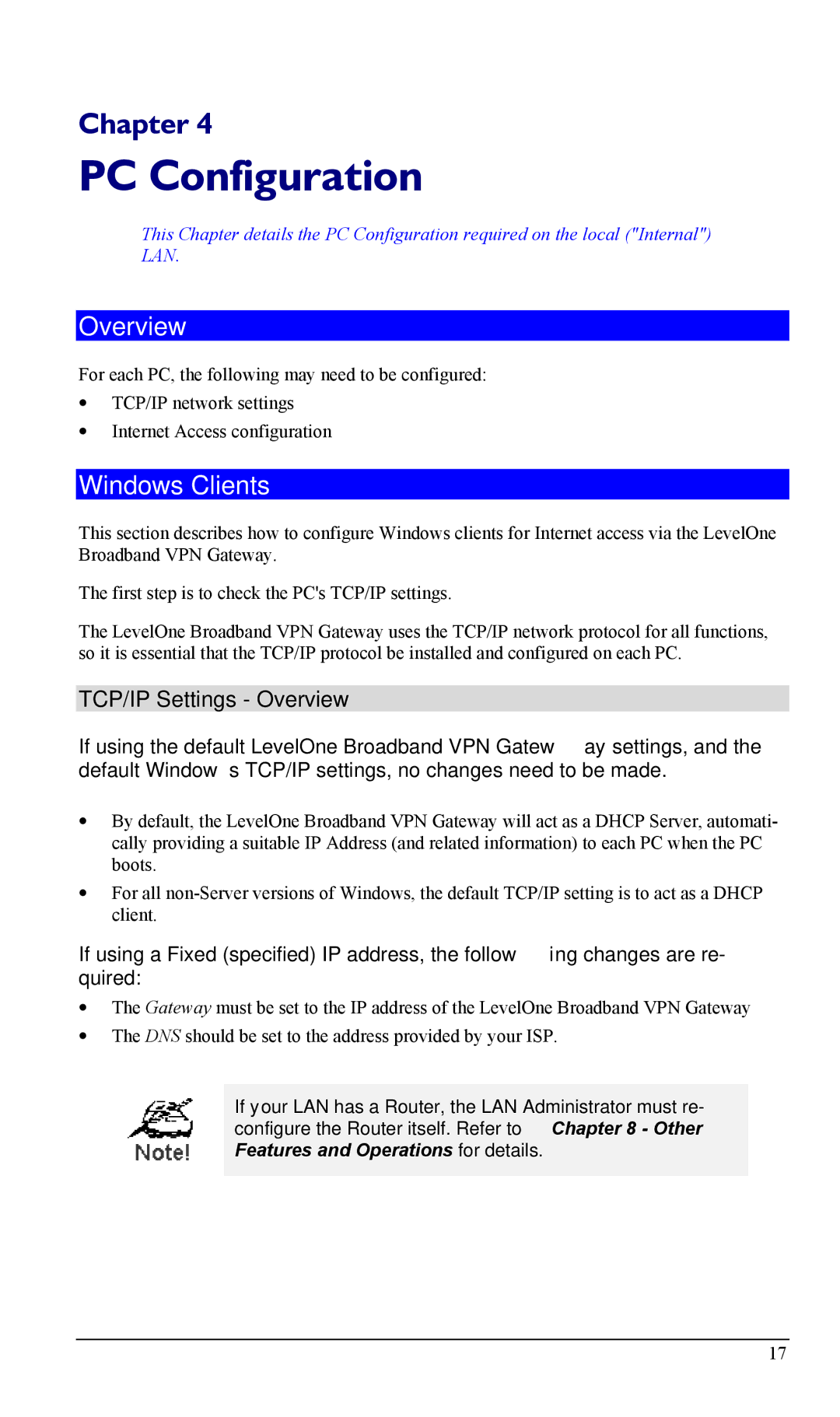 LevelOne FBR-1404TX user manual Windows Clients, TCP/IP Settings Overview 