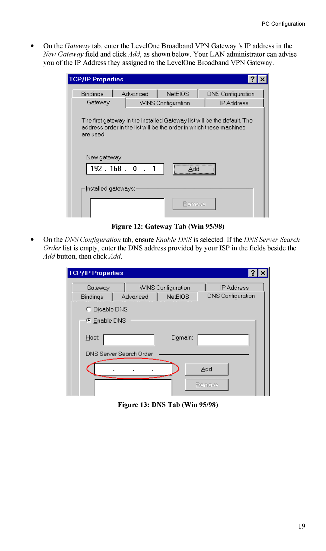 LevelOne FBR-1404TX user manual Gateway Tab Win 95/98 