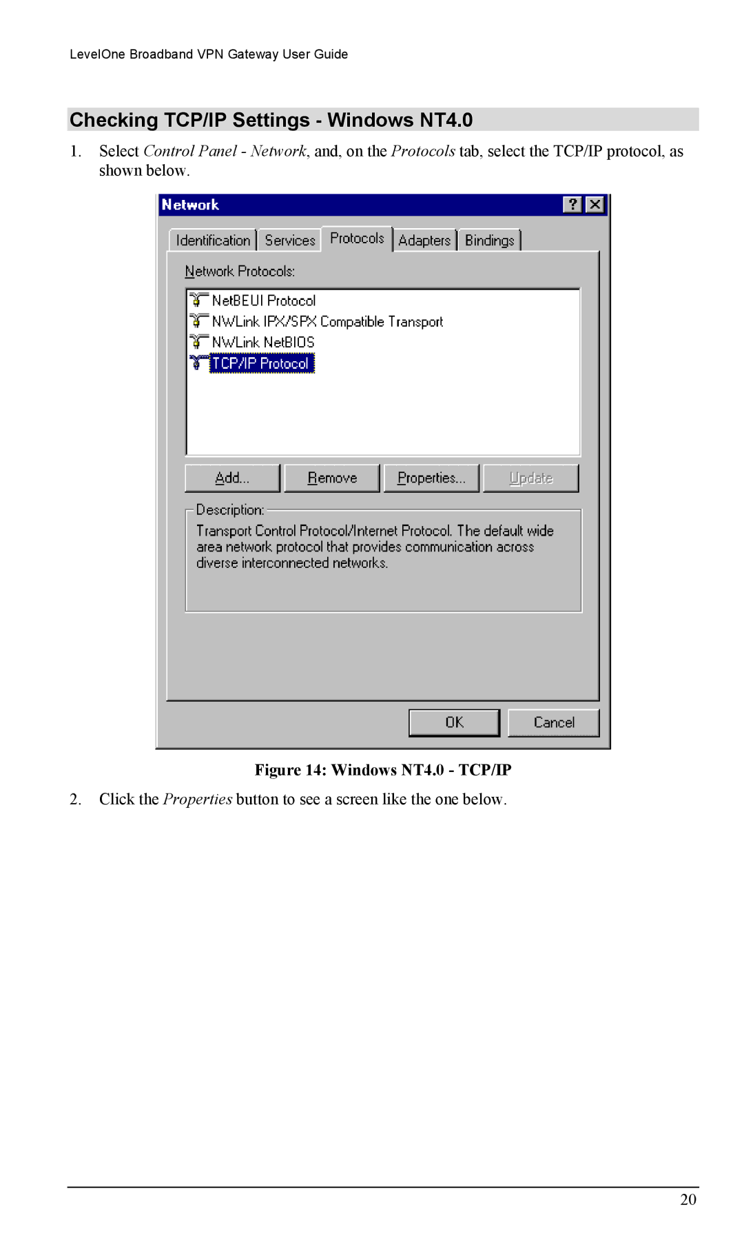 LevelOne FBR-1404TX user manual Checking TCP/IP Settings Windows NT4.0, Windows NT4.0 TCP/IP 