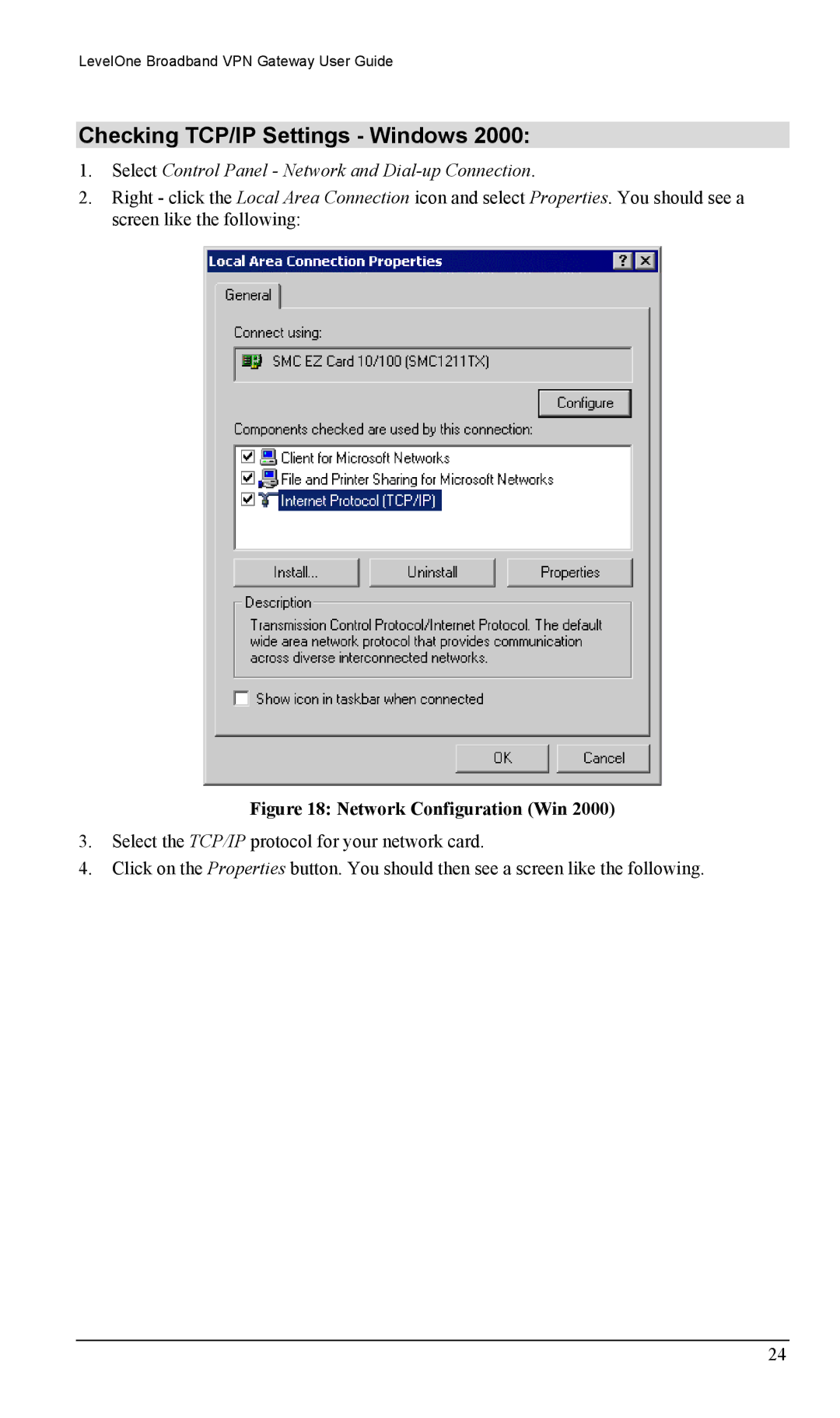 LevelOne FBR-1404TX user manual Checking TCP/IP Settings Windows, Network Configuration Win 