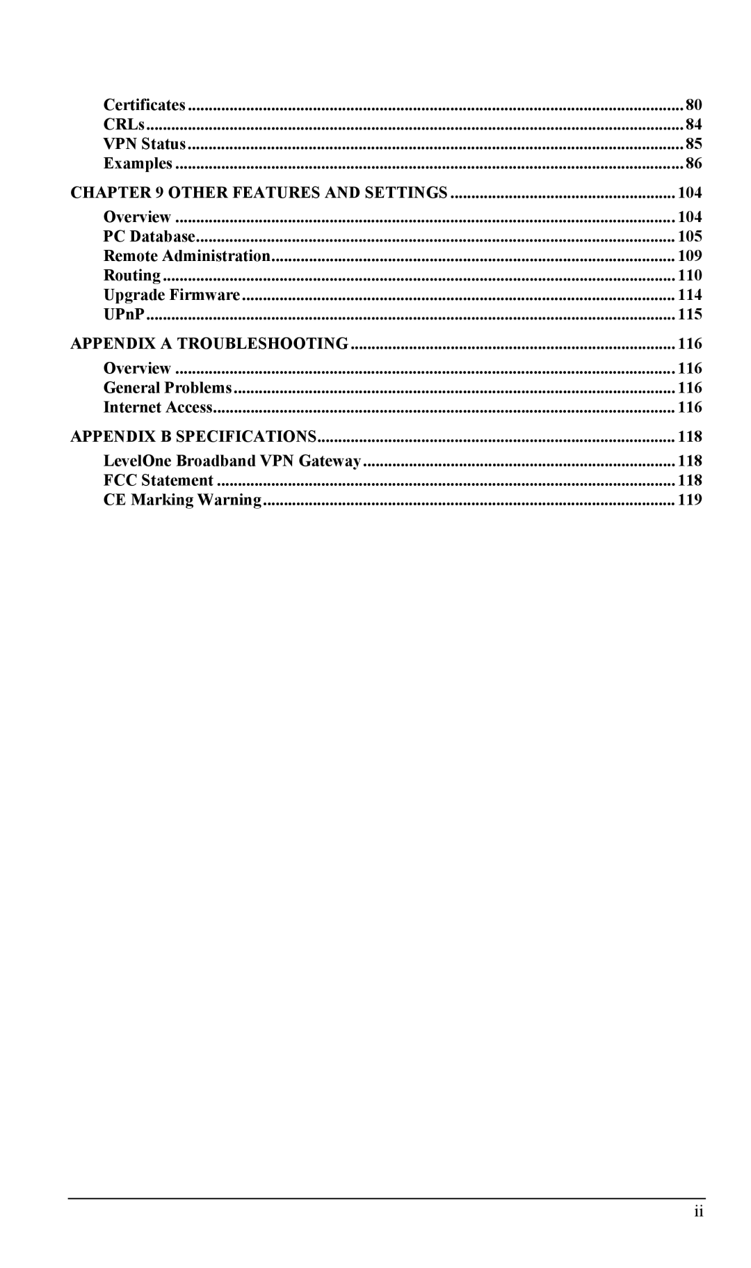 LevelOne FBR-1404TX Certificates CRLs VPN Status Examples, Overview, PC Database, Remote Administration, Routing, UPnP 