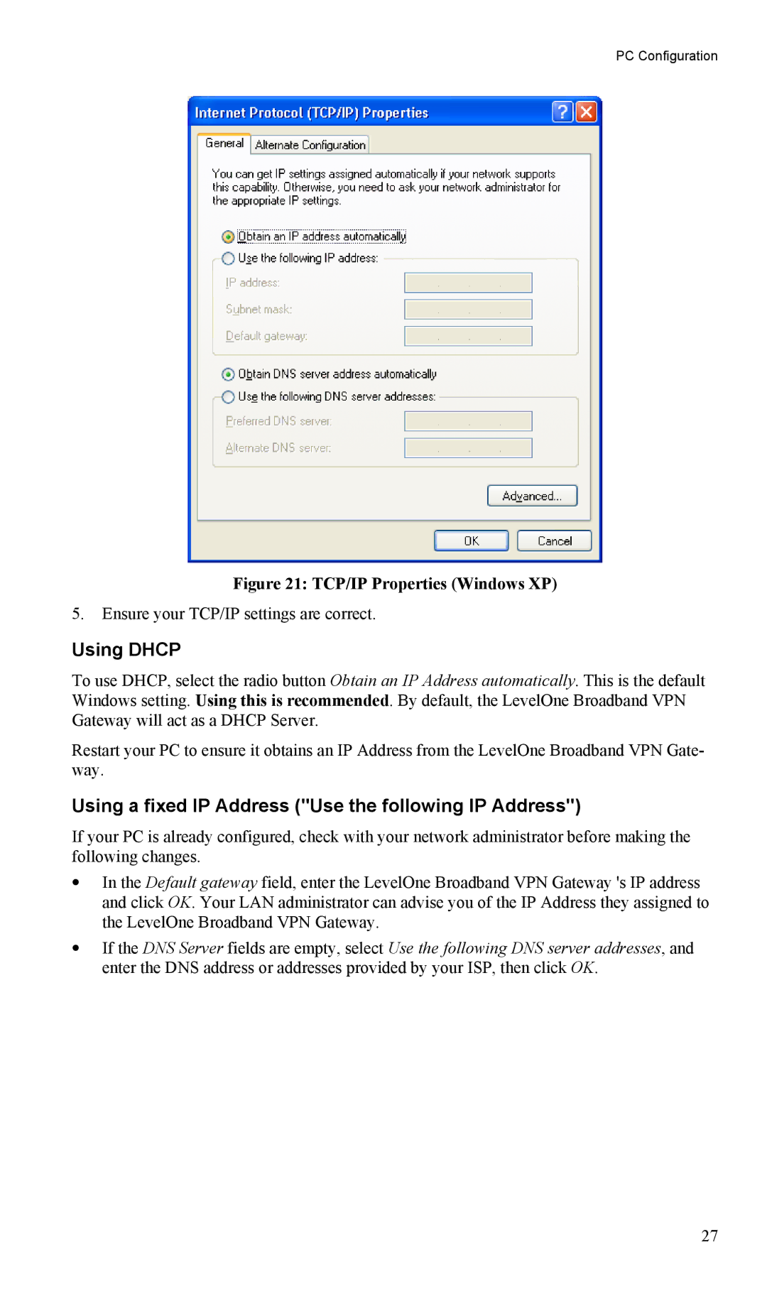 LevelOne FBR-1404TX user manual TCP/IP Properties Windows XP 