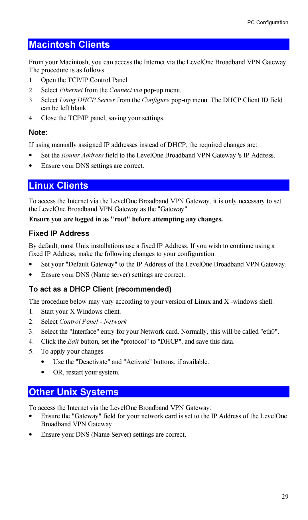 LevelOne FBR-1404TX user manual Macintosh Clients, Linux Clients, Other Unix Systems, Fixed IP Address 