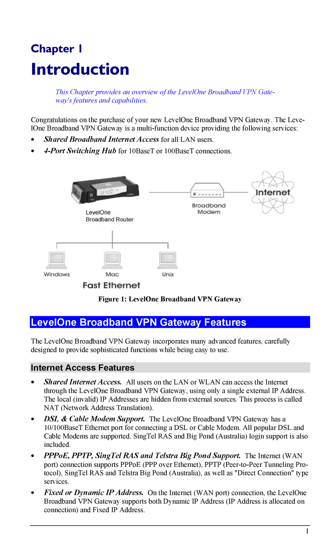 LevelOne FBR-1404TX user manual LevelOne Broadband VPN Gateway Features, Internet Access Features 