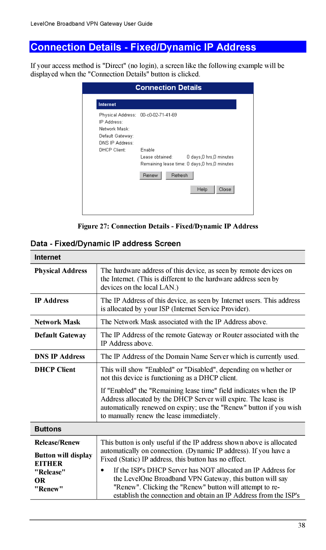 LevelOne FBR-1404TX user manual Connection Details Fixed/Dynamic IP Address, Data Fixed/Dynamic IP address Screen 