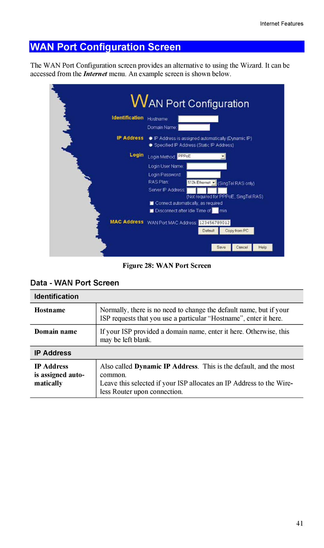 LevelOne FBR-1404TX user manual WAN Port Configuration Screen, Data WAN Port Screen, Identification, IP Address 