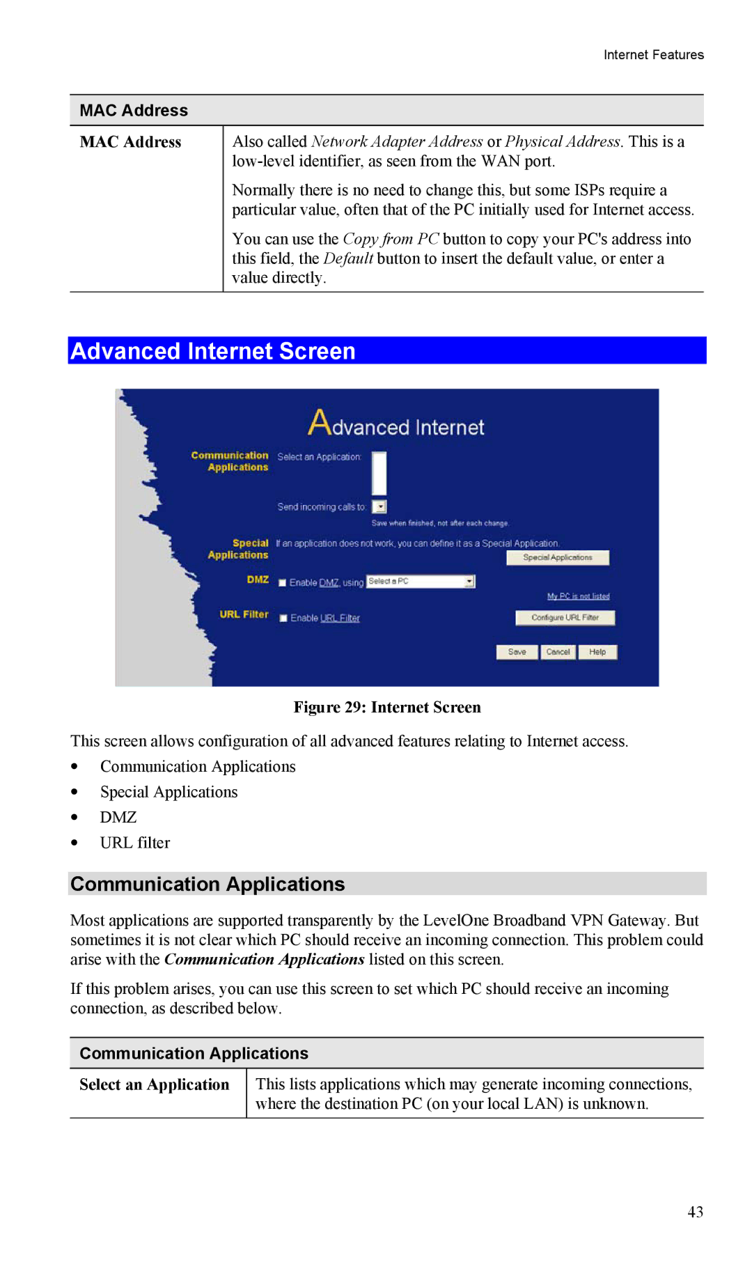 LevelOne FBR-1404TX user manual Advanced Internet Screen, Communication Applications, MAC Address 