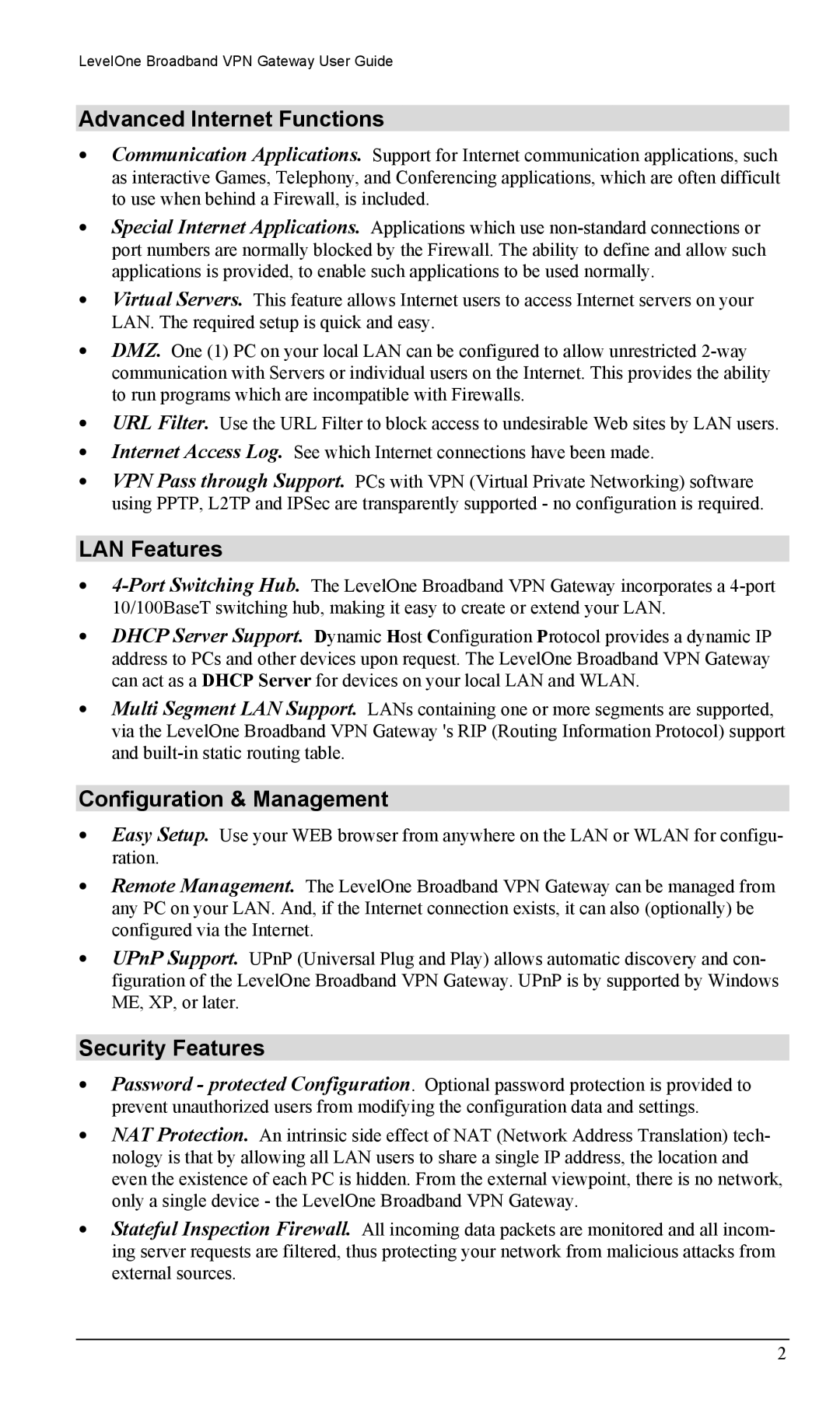 LevelOne FBR-1404TX user manual Advanced Internet Functions, LAN Features, Configuration & Management, Security Features 