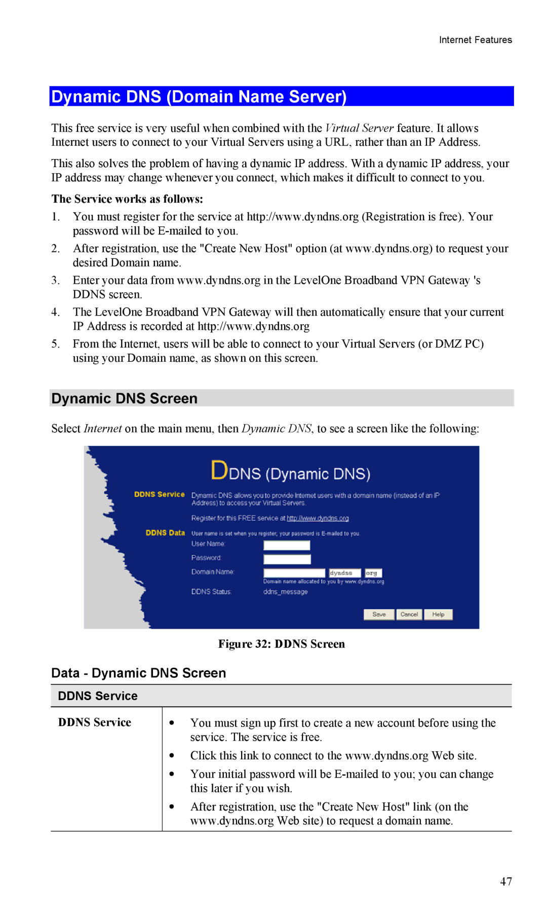 LevelOne FBR-1404TX user manual Dynamic DNS Domain Name Server, Data Dynamic DNS Screen, Ddns Service 