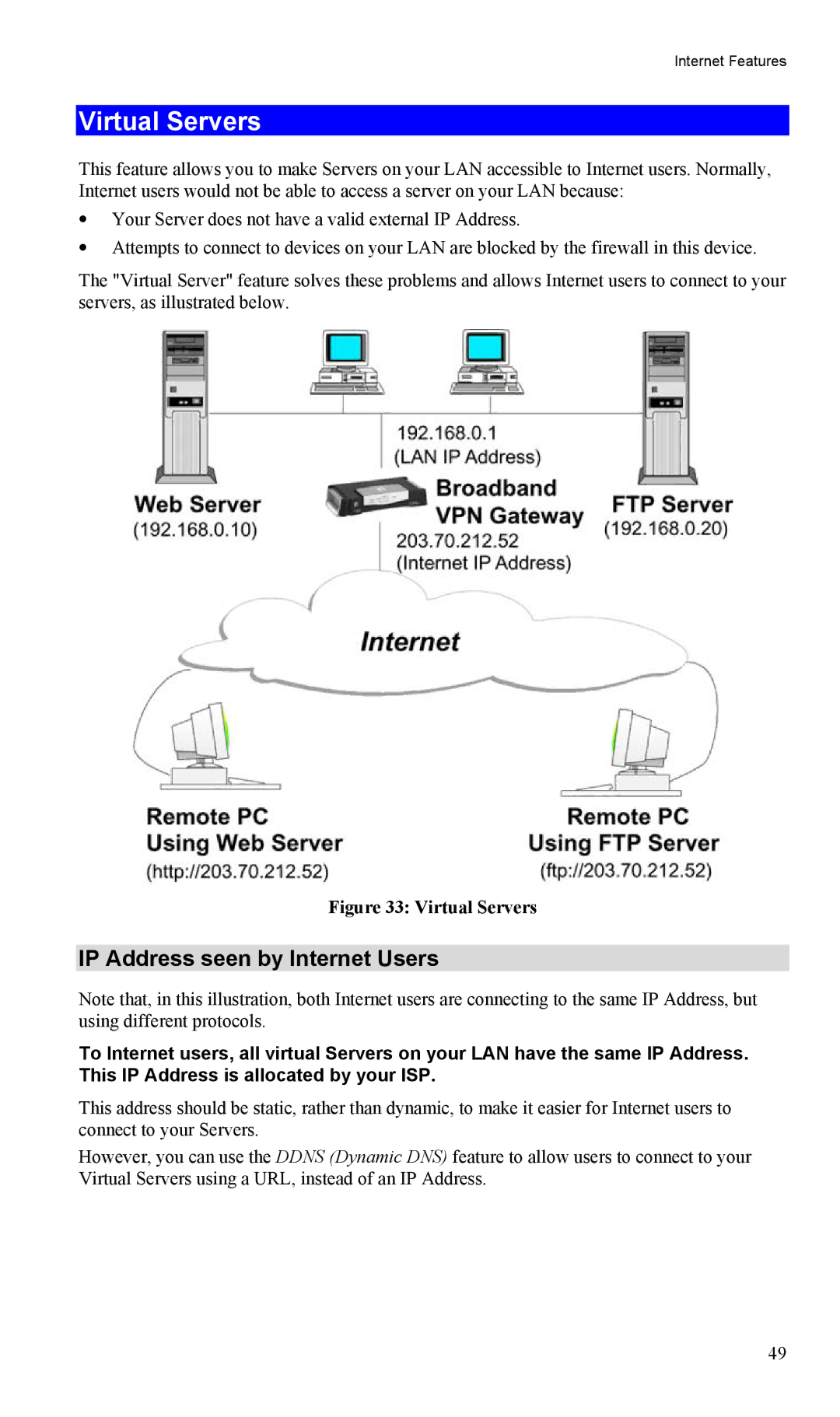 LevelOne FBR-1404TX user manual Virtual Servers, IP Address seen by Internet Users 