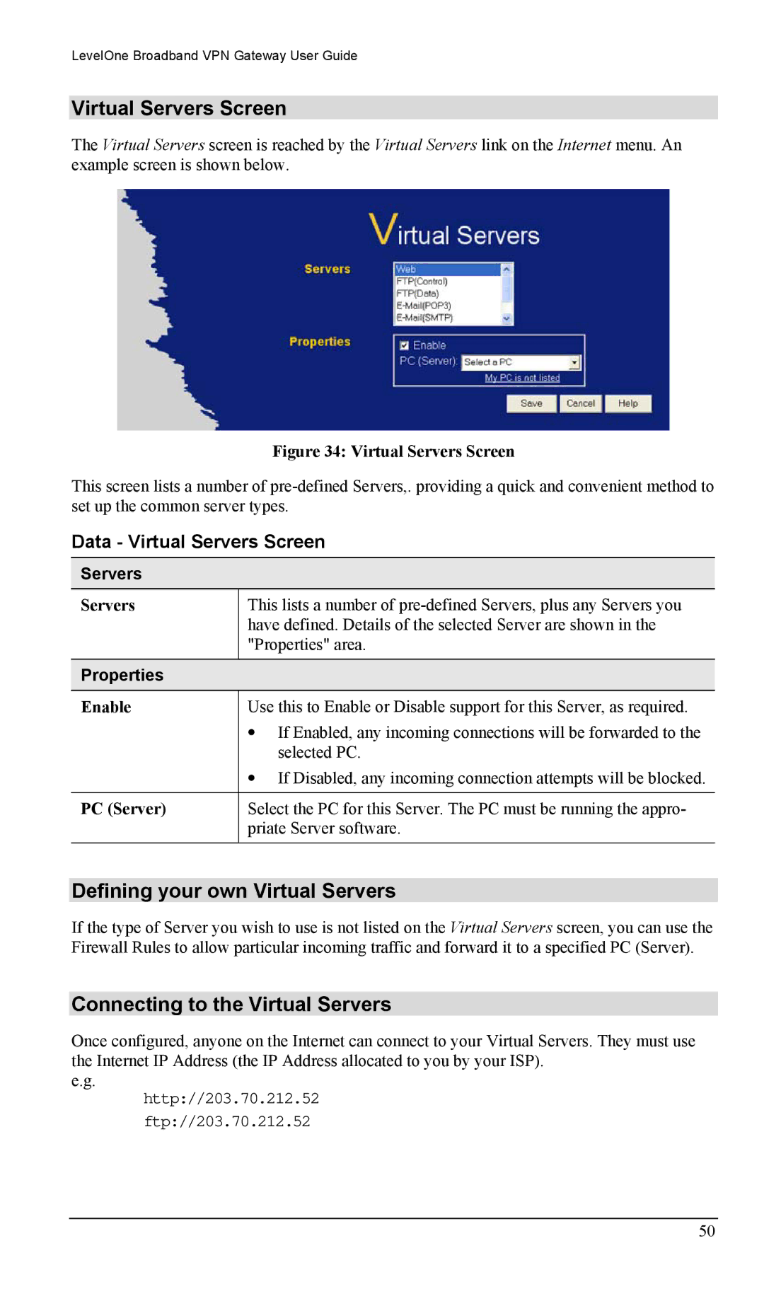 LevelOne FBR-1404TX Virtual Servers Screen, Defining your own Virtual Servers, Connecting to the Virtual Servers 