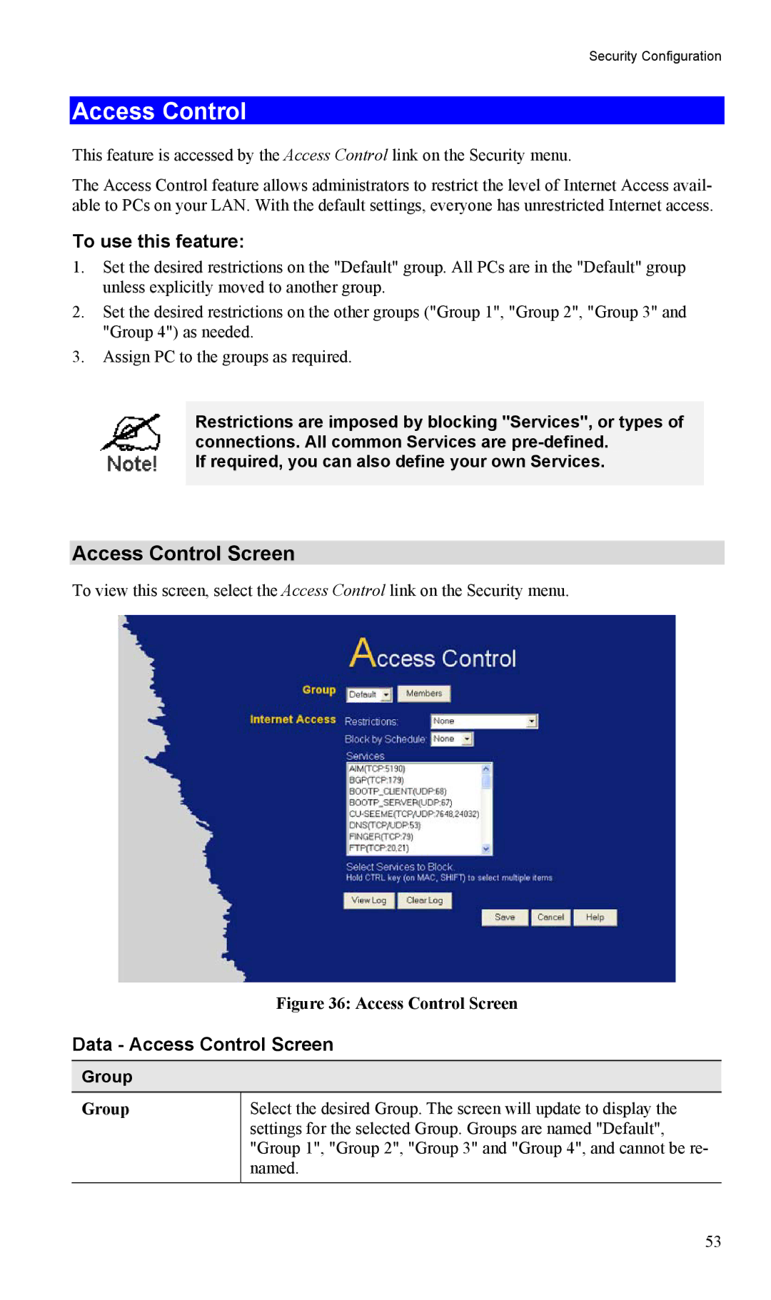 LevelOne FBR-1404TX user manual To use this feature, Data Access Control Screen, Group 