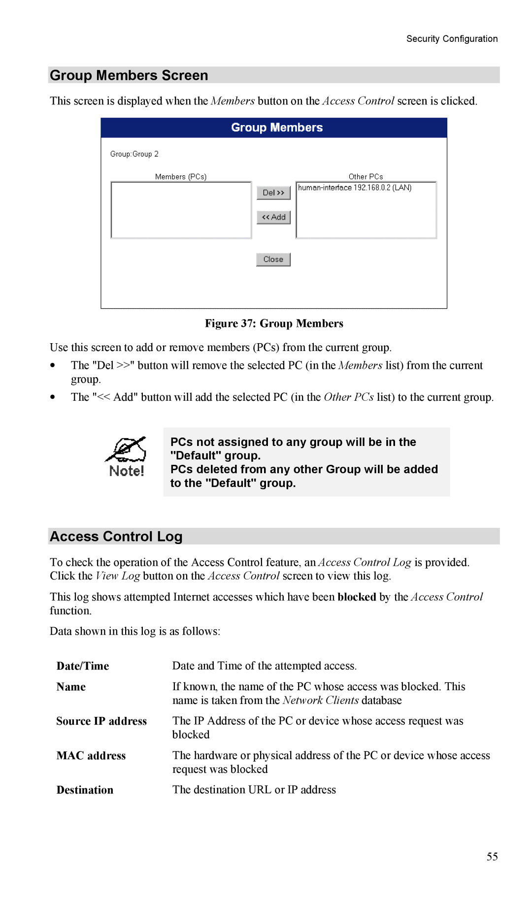 LevelOne FBR-1404TX user manual Group Members Screen, Access Control Log, Date/Time, Source IP address, Destination 