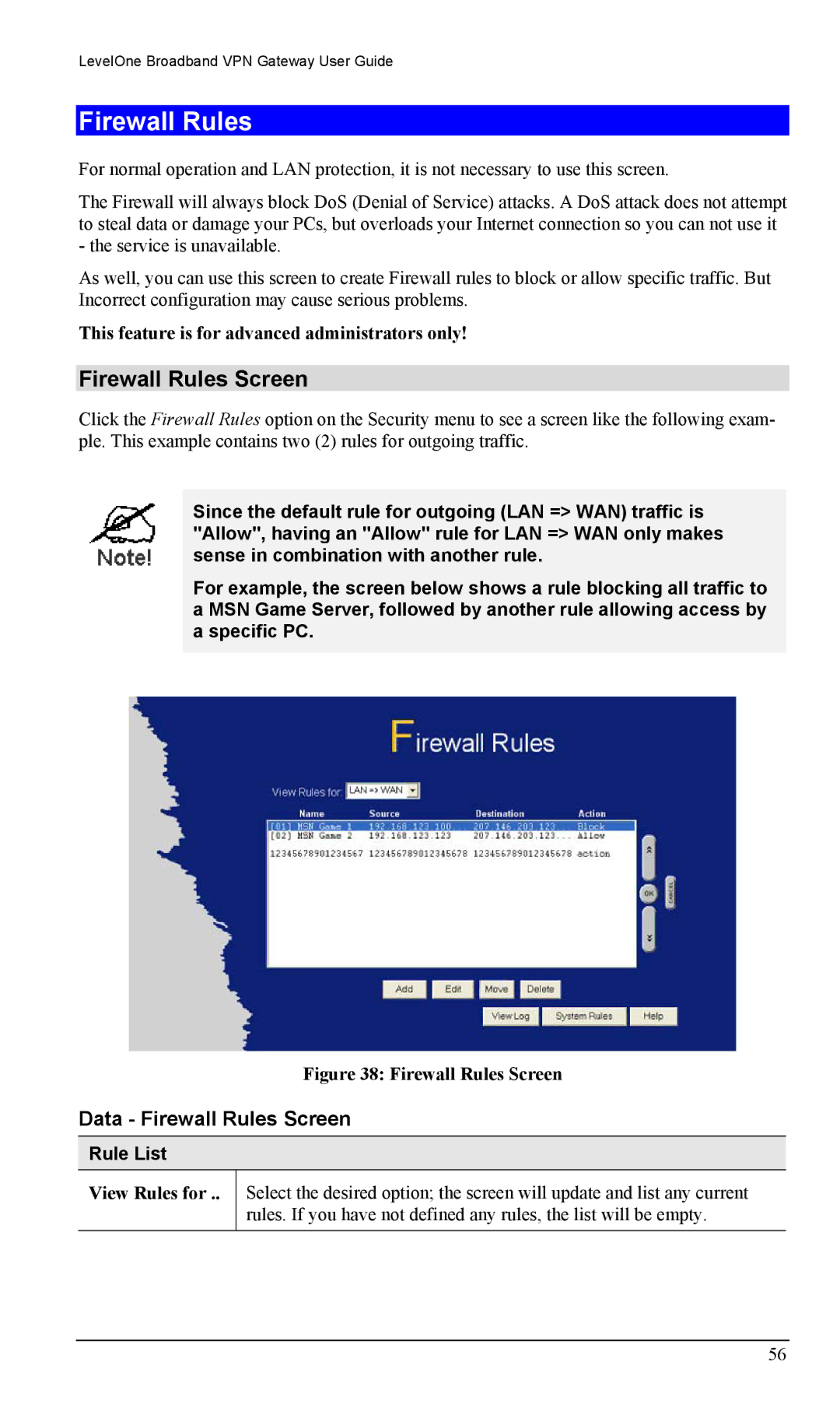 LevelOne FBR-1404TX Data Firewall Rules Screen, This feature is for advanced administrators only, Rule List 