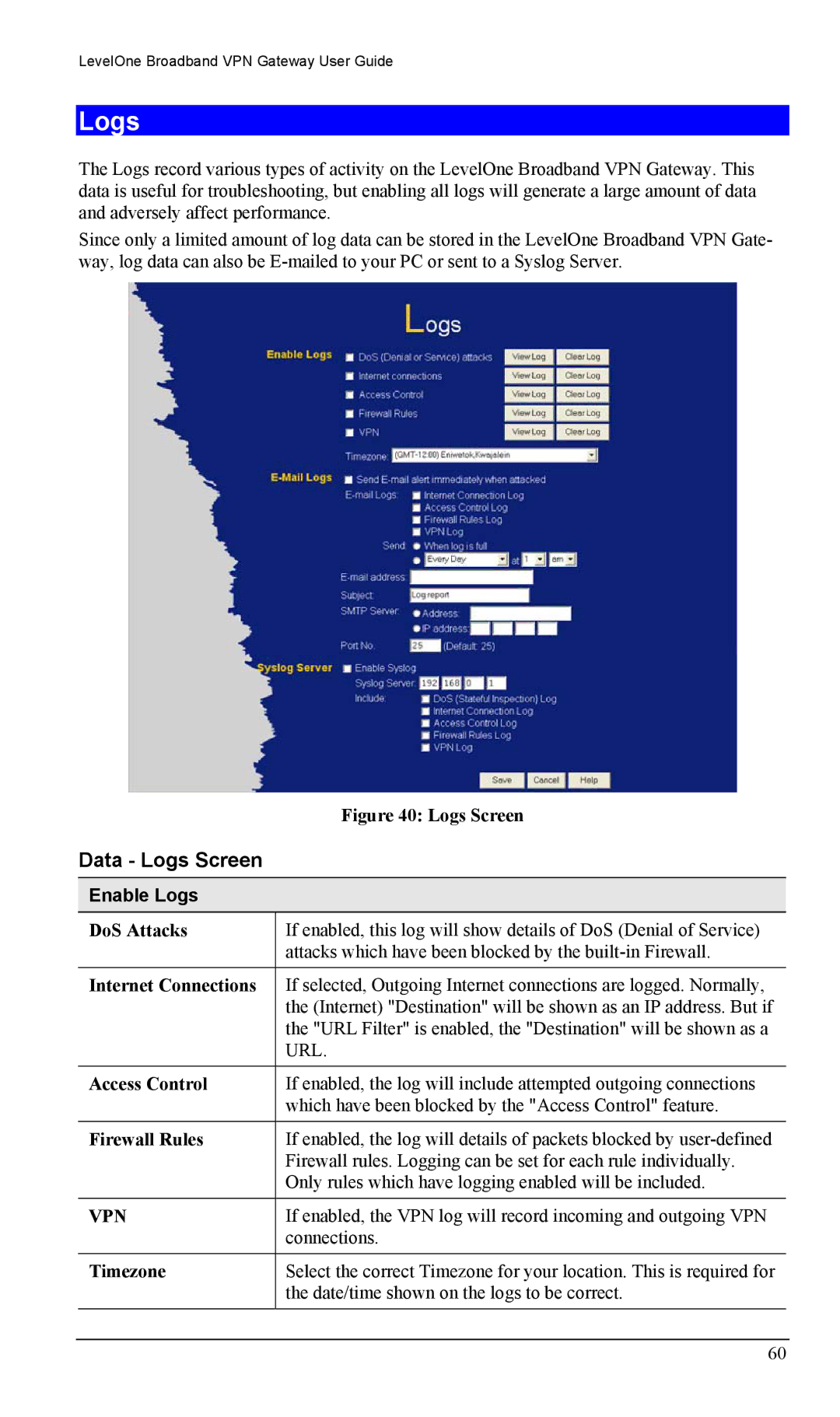 LevelOne FBR-1404TX user manual Data Logs Screen, Enable Logs 