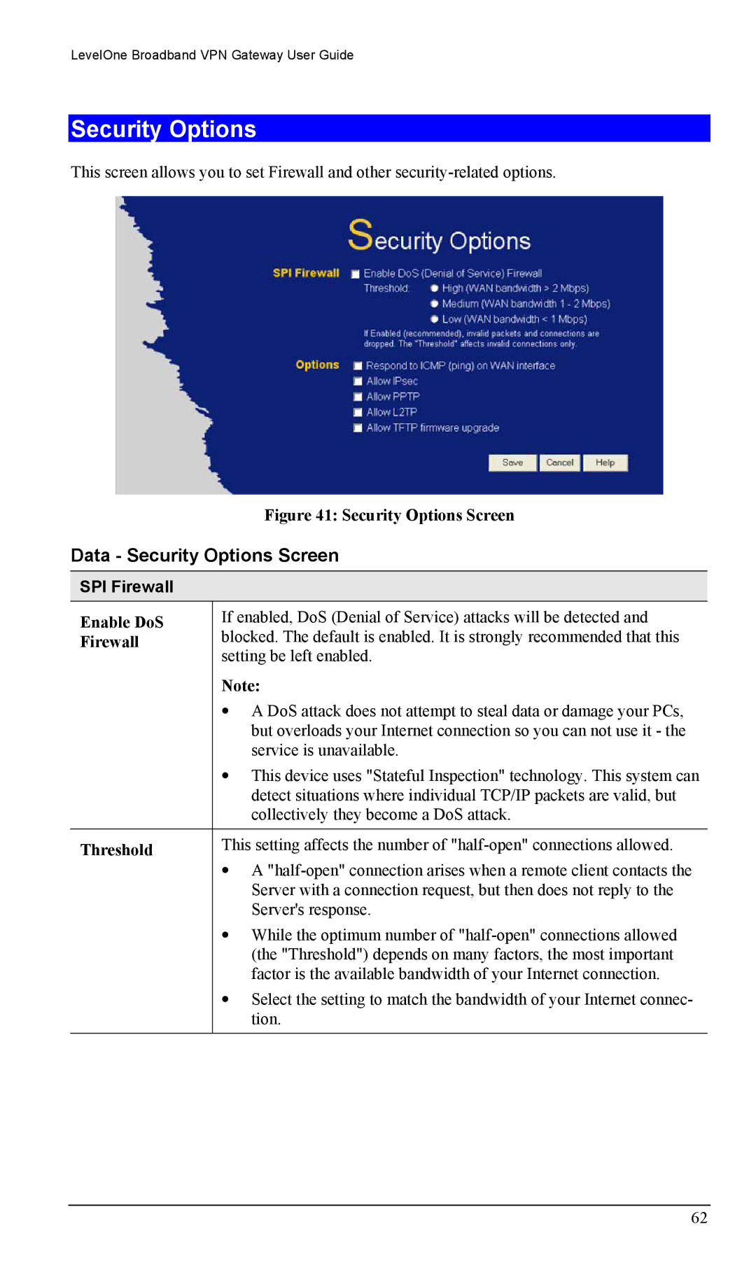 LevelOne FBR-1404TX user manual Data Security Options Screen, SPI Firewall 